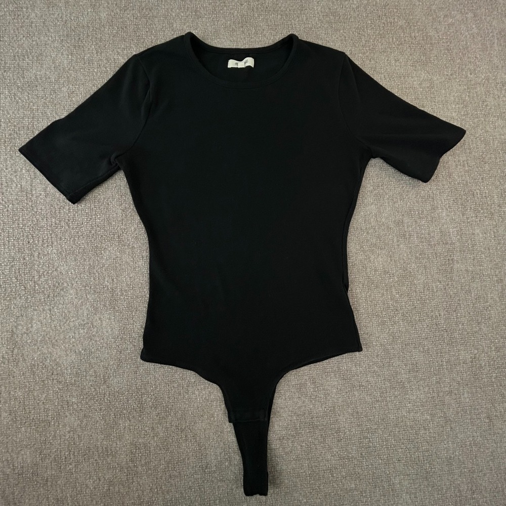 Madewell Bodysuit Womens Medium Black Cotton Stretch Round Neck Short Sleeves